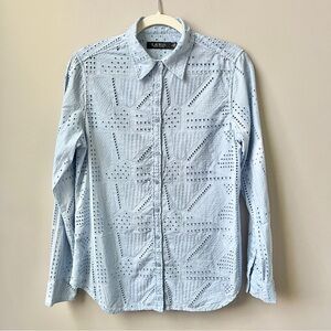 Lauren Ralph Lauren Top Women's‎ Medium Light Blue Eyelet Cotton Preppy Coastal